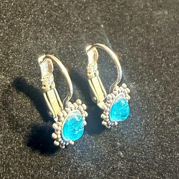 Baked Beads Lever Back Silver Earrings with bright blue gem - Picture 2 of 5